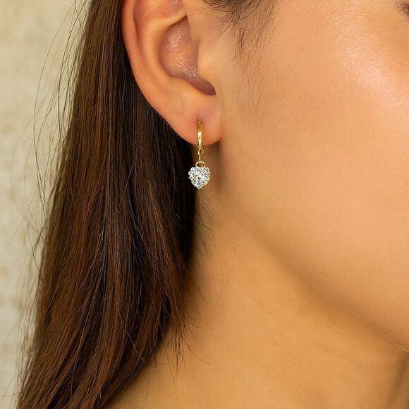 NWOT - Gold Tone Hoop Earrings with Heart Shaped Zirconias - Picture 2 of 10